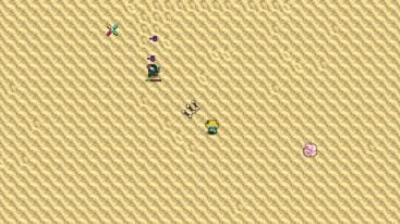 Roblox Pixel Quest A Small Yellow Pixel Avatar Is Firing Arrows At A Dark Green Pixelated Enemy On A Tan And Brown Checkered Desert Background