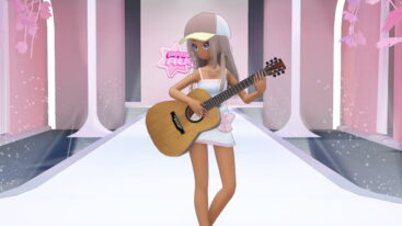 Roblox Prism Runway Show A Tanned Avatar Wearing A Cap And A White Dress Holds An Acoustic Guitar On A Glowing White Runway With Pink Arches And Foliage In The Background