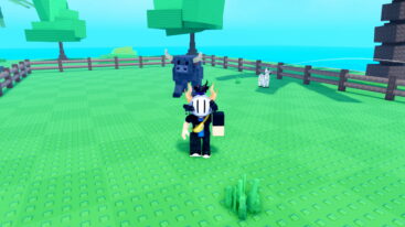 Roblox Raise Animals A Silver Helmeted Avatar Stands On A Bright Green Studded Field In Front Of A Wooden Fence With A Dark Blue Buffalo And A Small Zebra Behind Them