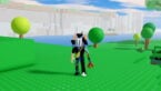 Roblox Retro Tower Defense Avatar Wearing Silver Helmet And Red Claw Arm Standing On Grass Near Round Trees And Water