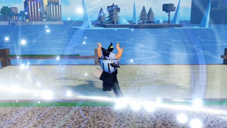 Roblox Rogue Piece A Silver Helmeted Avatar Is Holding A Katana And Has Created A Large Circular White And Blue Slice Effect In Front Of Them With Ocean Behind