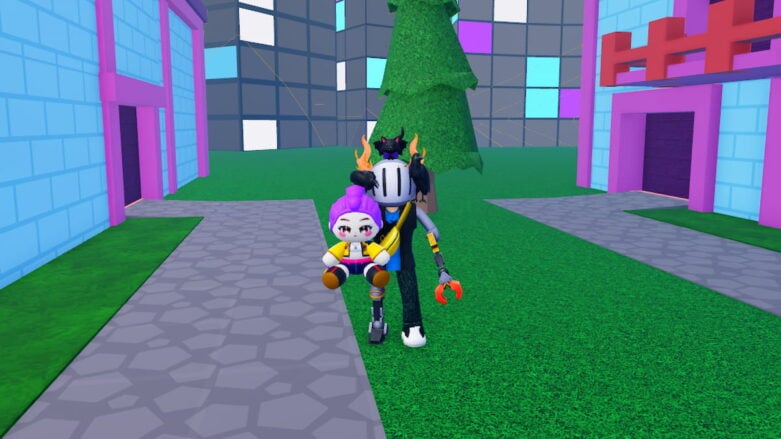 Roblox Sell Kpop Demon Hunters And Prove Mom Wrong A Silver Helmeted Avatar With A Claw Arm Holds A Purple Haired Doll On A Cobblestone Path Near Brightly Colored Blocky Buildings
