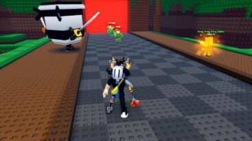 Roblox Stop The Zombie Plants A Silver Helmeted Avatar With A Claw Arm Stands On A Grey Studded Path Facing Two Green Zombie Enemies Being Attacked By Two Brainrots With A Red Wall
