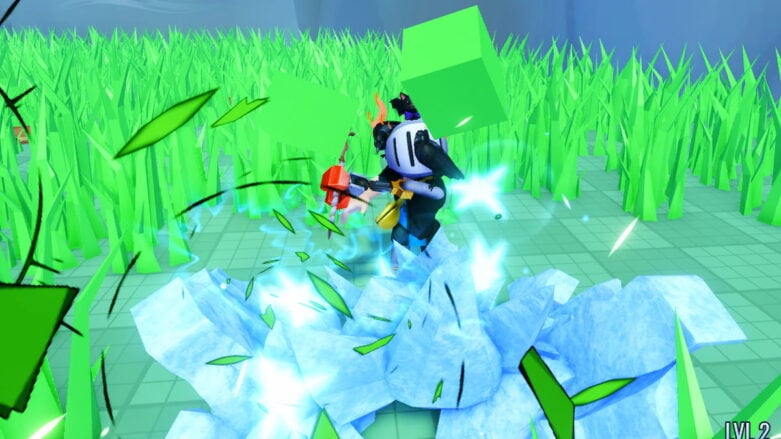 Roblox Strongest Mage A Silver Helmeted Avatar Is Casting An Ice Spell Creating A Shattering Blue And White Effect On The Ground In A Field Of Tall Green Grass