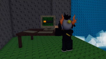 Roblox Survive The Troll An Avatar Is Hacking A Computer Displaying Green Coded Text On A Green Studded Floor With Grey And Blue Studded Walls And A Watery Area Nearby