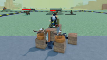 Roblox The Move Machine A Silver Helmeted Avatar Is Seated On A Blocky Wooden Vehicle Equipped With A Saw Blade In Front And Two Crossbows With Enemies In The Distance