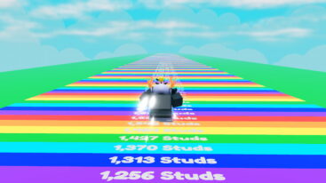 Roblox Trampoline Training A Silver Helmeted Avatar Is Curled Into A Ball In Mid Air Above A Rainbow Colored Path With White Text Indicating Studs