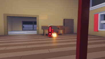 Roblox Trap A Thief The Interior Of A House Shows A Wooden Floor And Walls With A Red And Black Exclamation Point Figure Labeled Robber Standing In Front Of A Wooden Table