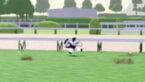 Roblox Uma Racing A Girl Avatar In Black With White Hair And Devil Wings Is Running With Motion Blur On A Grass Field With A Fenced Racetrack In The Background