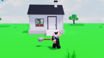 Roblox Wreck A House Avatar Wearing Silver Helmet Swinging A Silver Mace Outside Small White House