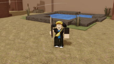 Roblox 99 Nights In The Wild West Blonde Haired Avatar Holding Wooden Axe In Desert Near Water Pond