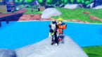 Roblox Anime Fight Avatar Wearing Silver Helmet And Claw Arm Standing Infront Of Neroto A Orange Outfit Wearing Npc Near Water And A Bridge