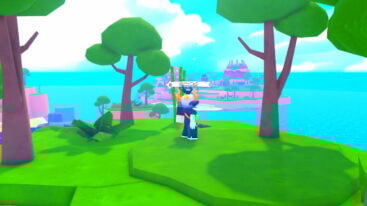 Roblox Anime Weapons Avatar Wearing Silver Helmet And Holding Kunai Facing Towards A Kingdom Over The Water