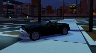 Roblox Autoshow A Black Car With Silver Number Driving On Path In Parking Lot With City Behind