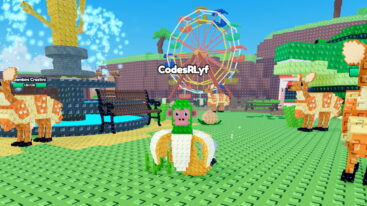 Roblox Block Brainrot Evolution Monkey Banana Brainrot Near A Bench And Water Fountain With A Ferris Wheel In The Background