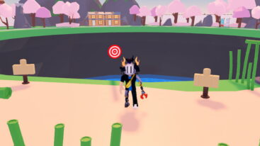 Roblox Boom Sumo Avatar Wearing Silver Helmet And Claw Arm Standing In Front Of Bamboo And Training Dummies With Red White Target Floating Behind