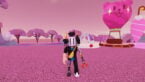 Roblox Cookie Run Gacha Simulator Avatar Wearing Silver Helmet With Animals On Top And Claw Arm Standing On Pink Ground With White Water Fountain And Pink Giant Teddy Bear Hot Air Balloon
