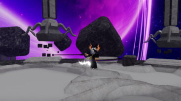 Roblox Destined Ascension Avatar Wearing Silver Helmet Holding Long Purple Blade Standing Before Asteroids Purple Planet