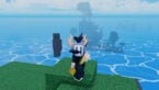 Roblox Diverse Piece Avatar Wearing Silver Helmet Holding Katana Over Looking Island On Ocean