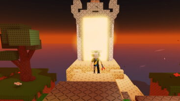 Roblox Fight For Ugc Avatar Wearing Silver Helmet And Claw Arm Standing Infront Of Yellow Stone Portal With Tree On Left