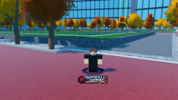 Roblox Football Nation Brown Spiky Haired Avatar In Black Clothing Standing On Red Floor With Autumn Leaved Trees Behind And A Football Pitch