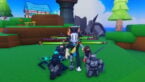 Roblox Fractured Realms Avatar Wearing Silver Helmet Standing With Four Npc Pets Wearing Black Clothing Silver Armour And More On Green Fields With Windmill In Background