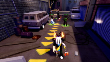 Roblox Grand Thefttower Defense Avatar Wearing Silver Helmet And Claw Arm Standing In Alleyway With Yellow Arrow On Floor And Vans With Gangsters Shooting Each Other