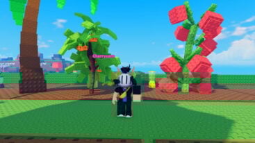 Roblox Grow Anything Avatar Wearing Silver Helmet Standing Before A Cherrycorn Tree And Giant Tomato Apple Trees