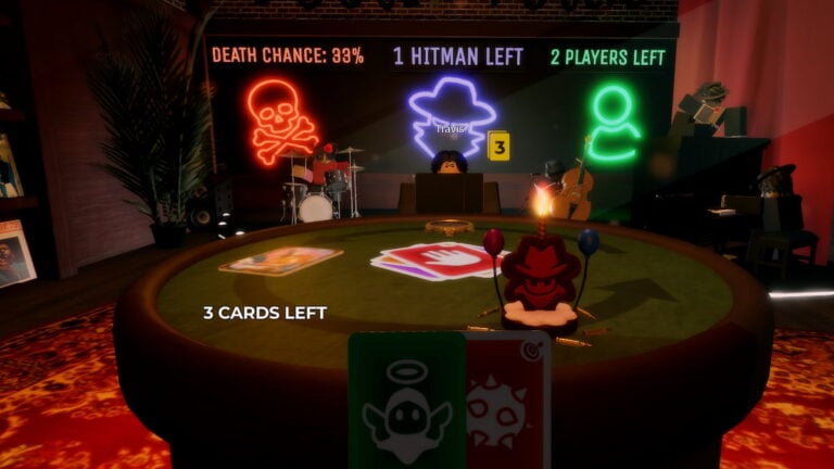 Hitman Card Game Codes June 2026 Try Hard Guides Roblox Hitman Card Game A Card Game Is Happening At Round Green Table Two Cards At Bottom Of Screen One Green One Red 768x432 