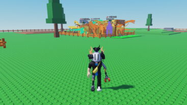 Roblox Hunt A Dino Avatar Wearing Silver Helmet And Claw Arm Standing Near Farm Full Of Dinosaurs On Green Floor