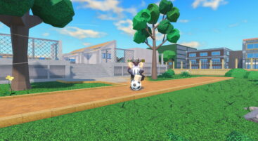 Roblox Inazuma Strikers Avatar Wearing Silver Helmet Dribbling A Ball On A Dirt Path Near Grass Buildings And Trees