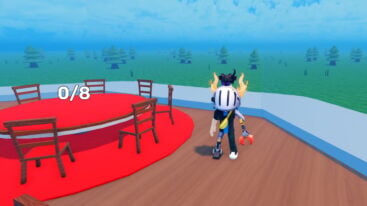 Roblox Last Letter Avatar Wearing Silver Helmet And Claw Arm Standing Near Big Wooden Table With Red Cloth Standing On Red Carpet Surrounded By Eight Wooden Chairs