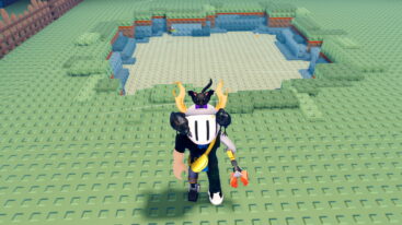 Roblox My Frog Pond Avatar Wearing Silver Helmet With Crows And Cat On Top With Claw Arm Standing Before A Pond Filled With Three Tadpoles