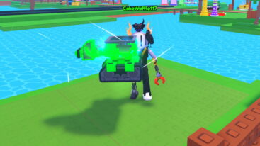 Roblox My Tank Farm Avatar Wearing Silver Helmet And Claw Arm Holding Green Tank Near River