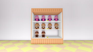 Roblox Popmart Store Simulator A Shelving Unit Holding Three Pop Figures One Like A Bunny One Wearing Brown Har And One Looking Like A Pink Vampire