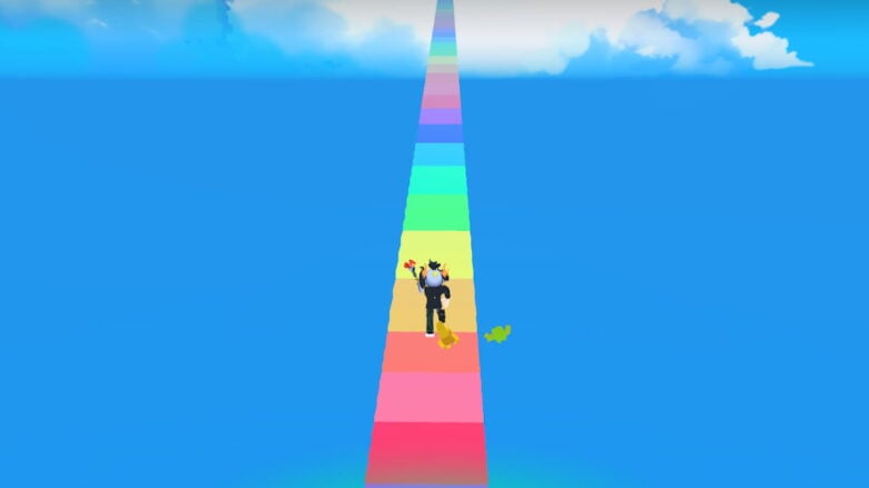 Roblox Run And Jump Avatar Wearing Silver Helmet And Two Animals Behind Falling Through Air Towards Multicolored Bridge Below