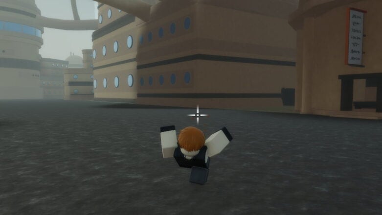 Roblox Shinobi Reborn Brown Haired Avatar Dashing Forward On Dark Grey Floor With Dirt Colored Buildings Behind