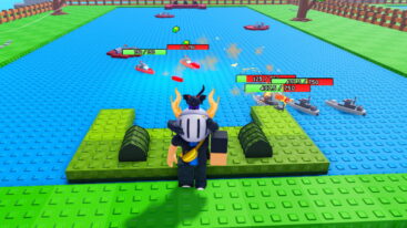Roblox Sink A Ship Avatar Wearing Silver Helmet Standing Near Blocky Water As Ships Attack Each Other With Health Bars Above