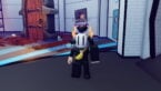 Roblox Sky Fighters Avatar Wearing Silver Helmet And Banana Bag Standing Nefore Wooden Door And Blur Circle