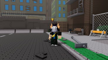 Roblox Survive Wave Z Avatar Wearing Silver Helmet And Bigh Left Arm Standing In Run Down Street With Debris Broken Benches Barridicades And More