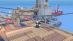 Roblox Survive On A Raft Avatar Wearing Silver Helmet Standing On Brown Dock Near No Entry Signs Leading To A Grey Lighthouse And Red Boat