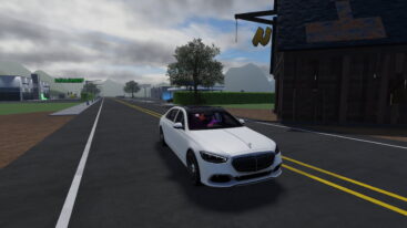 Roblox Swerve A White Car Speeding Down A Toad With A Rusty Barn On The Right And A Dealership Building On The Left