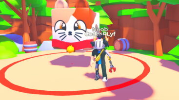 Roblox Tap Empire Avatar Wearing Silver Helmet And Claw Arm Standing In Red Circle Near A Giant Floating Cat Head