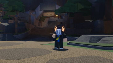 Roblox The Forge Avatar Wearing Silver Helmet Holding Pickaxe Behind Neck Standing Before A Sign The Cave