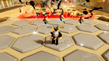 Roblox Anime Auto Chess Avatar Wearing Silver Helmet Standing On Stone Hexagon Flooring As Units Attack Each Ether