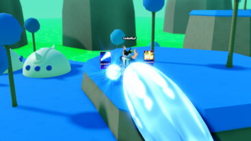 Roblox Anime Card Adventures Avatar Wearing Silver Helmet Firiing A Blue Ki Blast From Hands With Two Floating Cards Behind On A Blue Alien Planet