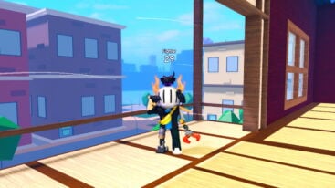 Roblox Anime Fighting Simulator Endless Avatar Wearing Silver Helmet And Claw Arm With A Hand Behind Back Gripping A Sword Standing On A Balcony Overlooking Buildings