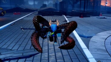 Roblox Anime Final Quest Avatar Wearing Silver Helmet Wielding Four Black Red Tentacles On Street