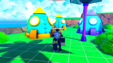 Roblox Anime Frontiers Avatar Wearing Silver Helmet Standing Before Three Aqua Colored Rocket Pods Trimmed With Yellow Or Purple