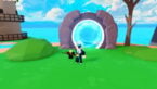 Roblox Anime Glaze Avatar Wearing Silver Helmet Holding A Wooden Stick Standing Before Blue Poral Surrounded By A Rock Arch Near Sea